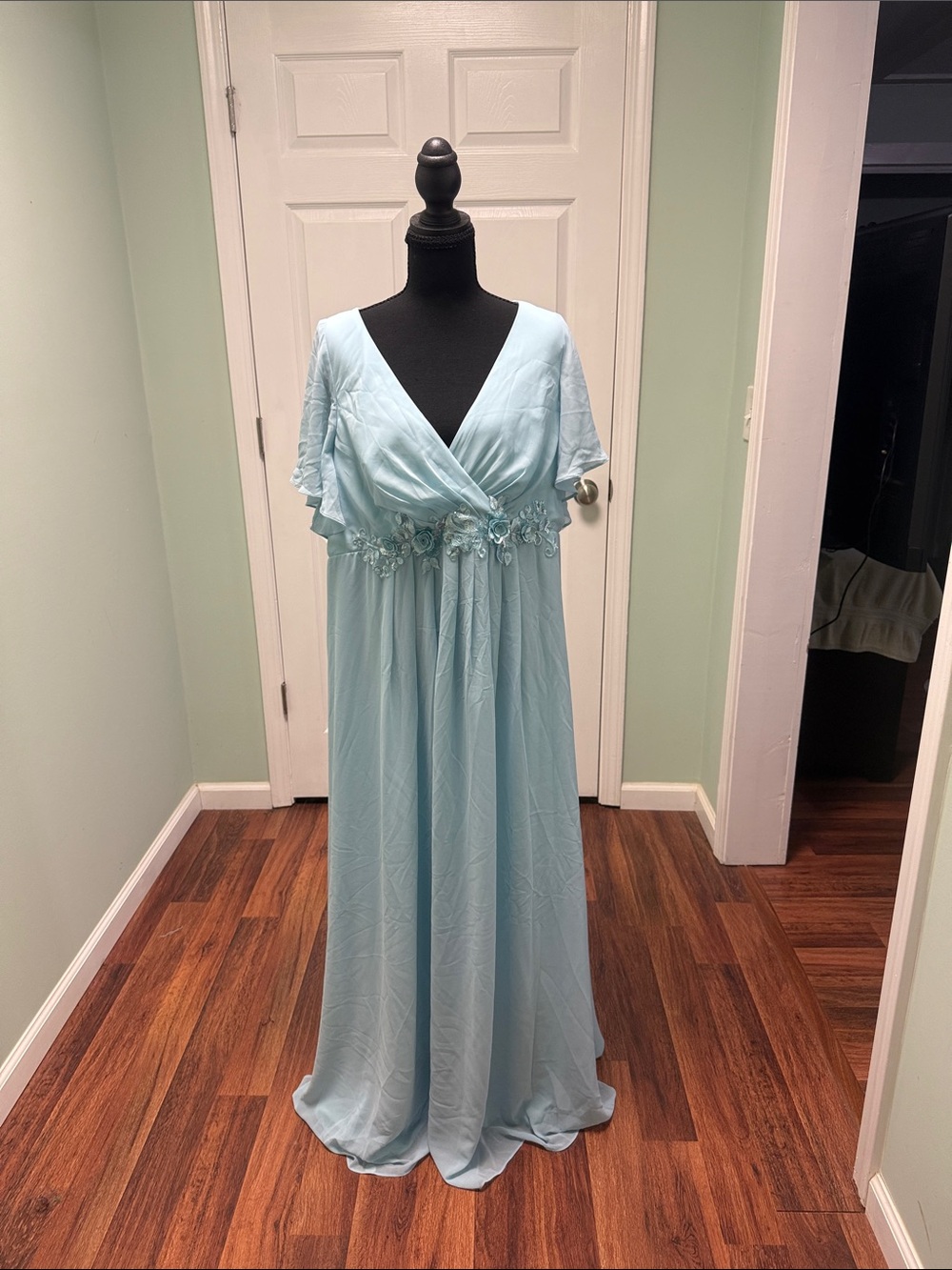 Ever Pretty Pale Blue Chiffon Maxi Dress with Floral Waist
